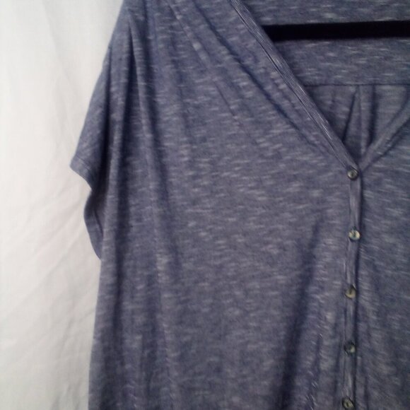 Max Edition Blouse L Short Sleeve Button Front Tie Hem V-Neck Blue - Picture 5 of 14